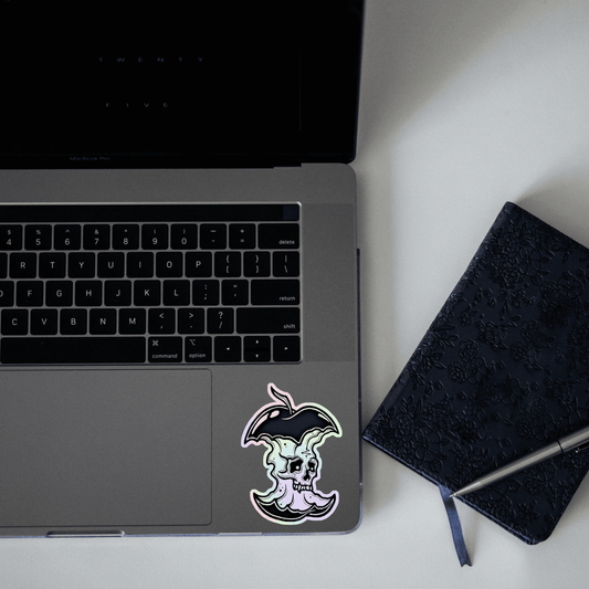 Skeleton in Eaten Apple Holographic Sticker - sticckiz.com
