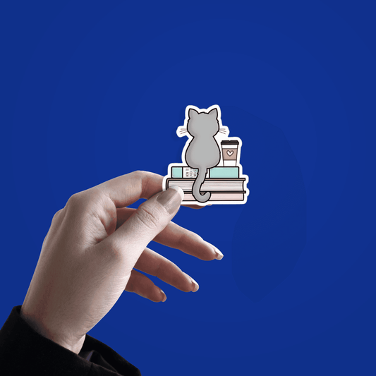 Cat Books And Coffee Sticker - sticckiz.com