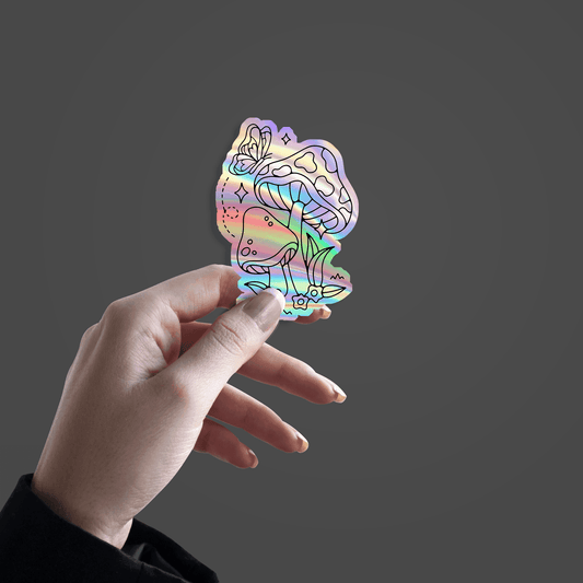 Aesthetic Mashrooms and Butterfly Holographic Sticker - sticckiz.com