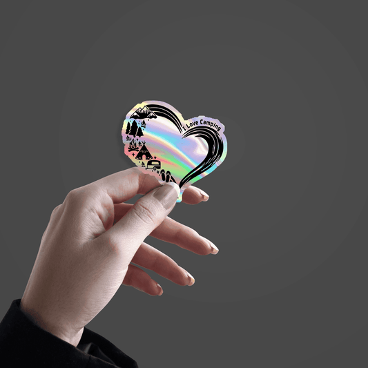 I love Camping Heart Holographic Sticker - sticckiz.com
