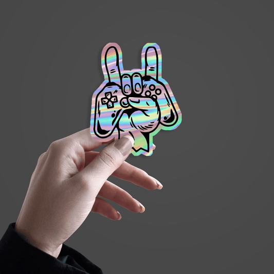 Gaming Remote In Hand Holographic Sticker - sticckiz.com