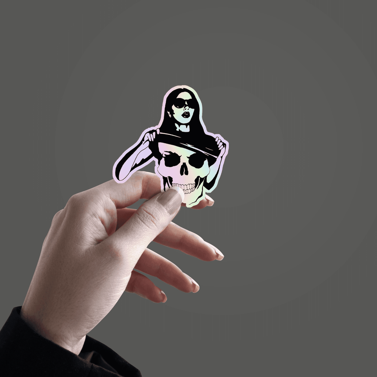 Girl on Skeleton Holographic Sticker - sticckiz.com
