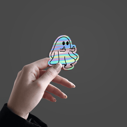 Cute Ghost Showing fuck Sign Holographic Sticker - sticckiz.com