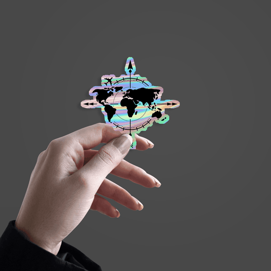 Compass on World Map Holographic Sticker - sticckiz.com