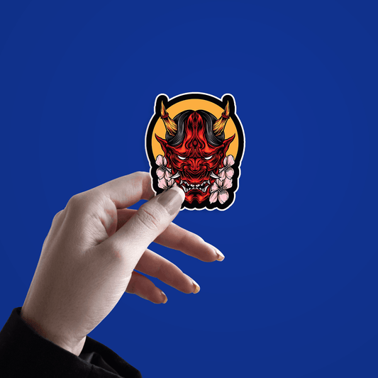 Demon Oni Mask With Sakura Vector Sticker - sticckiz.com