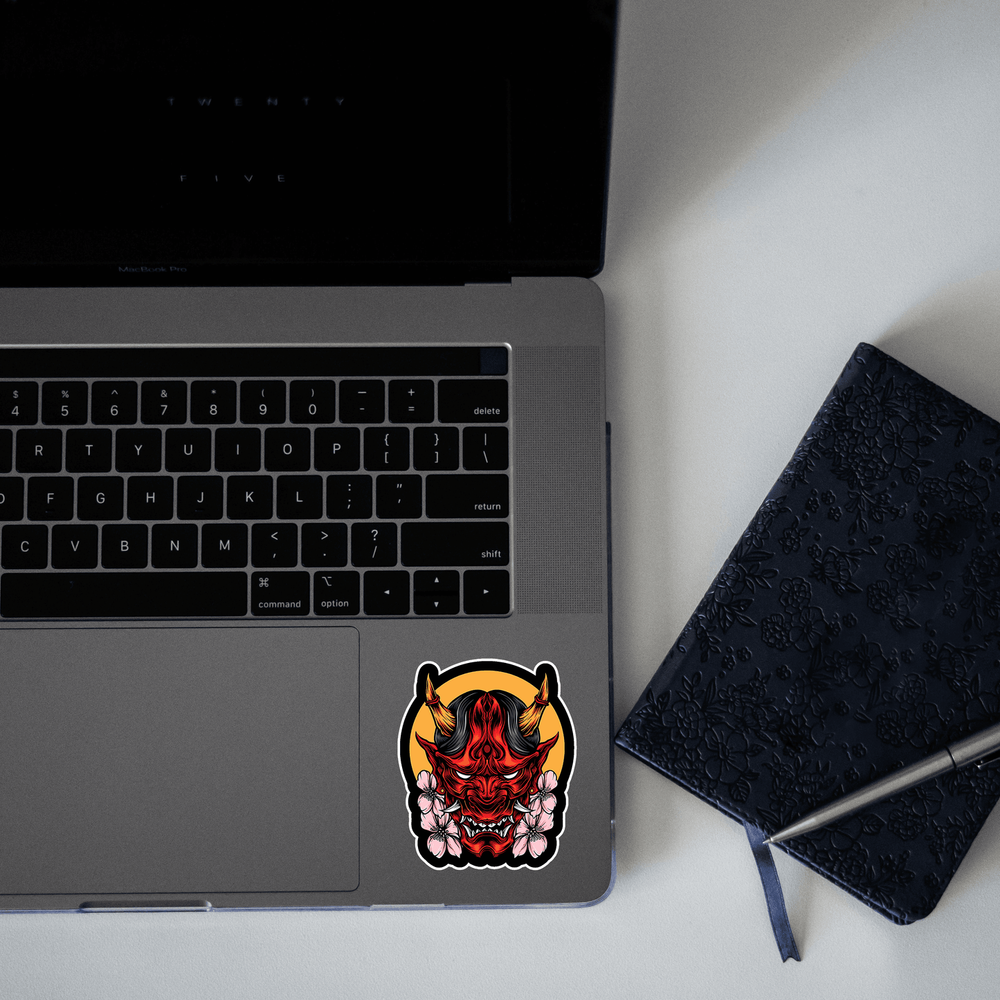 Demon Oni Mask With Sakura Vector Sticker - sticckiz.com