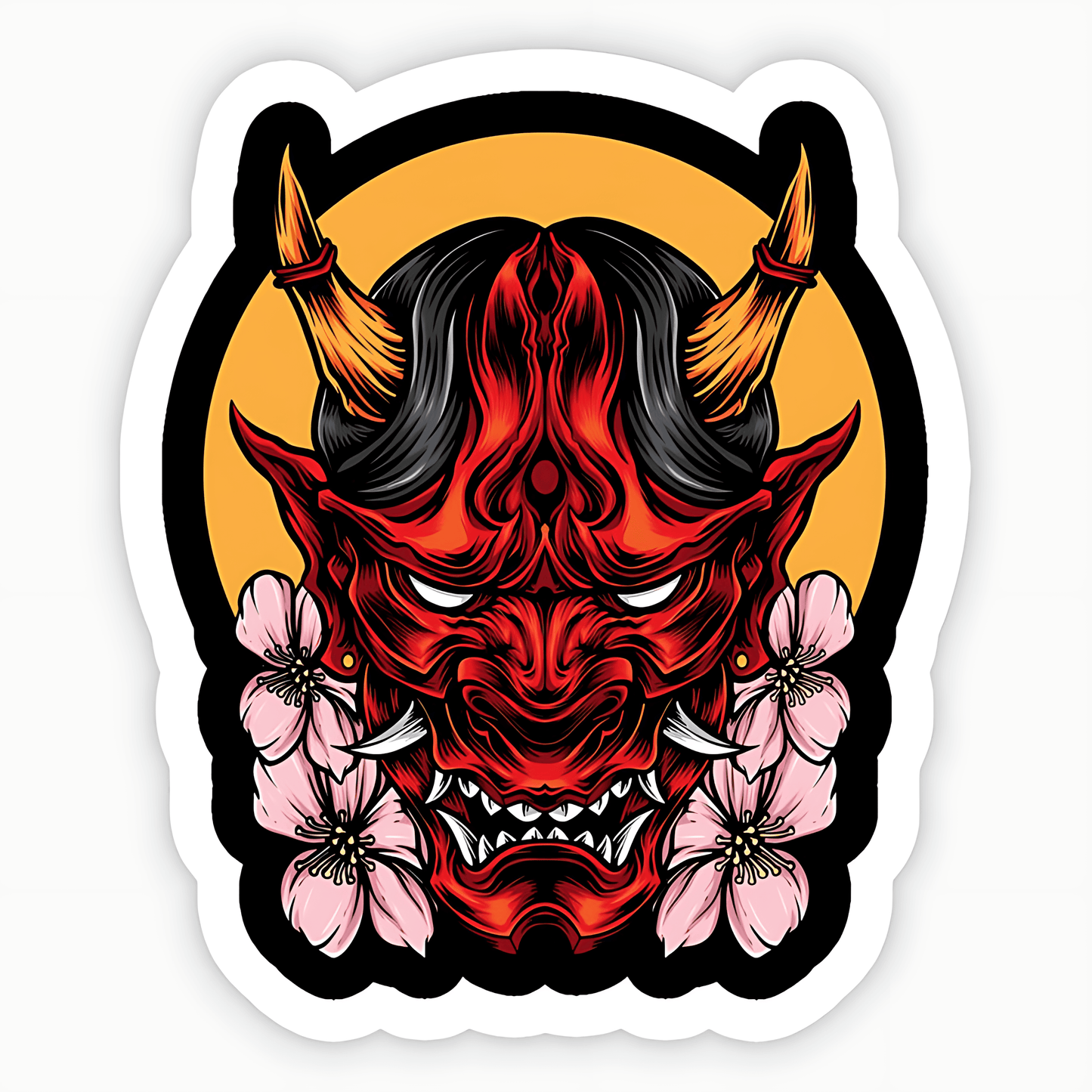 Demon Oni Mask With Sakura Vector Sticker - sticckiz.com
