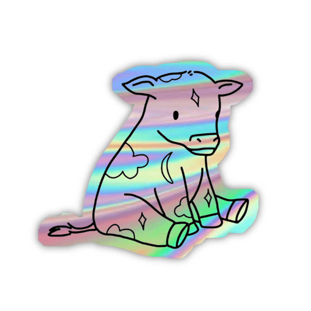 Cow Sitting Aesthetic Holographic Sticker - sticckiz.com