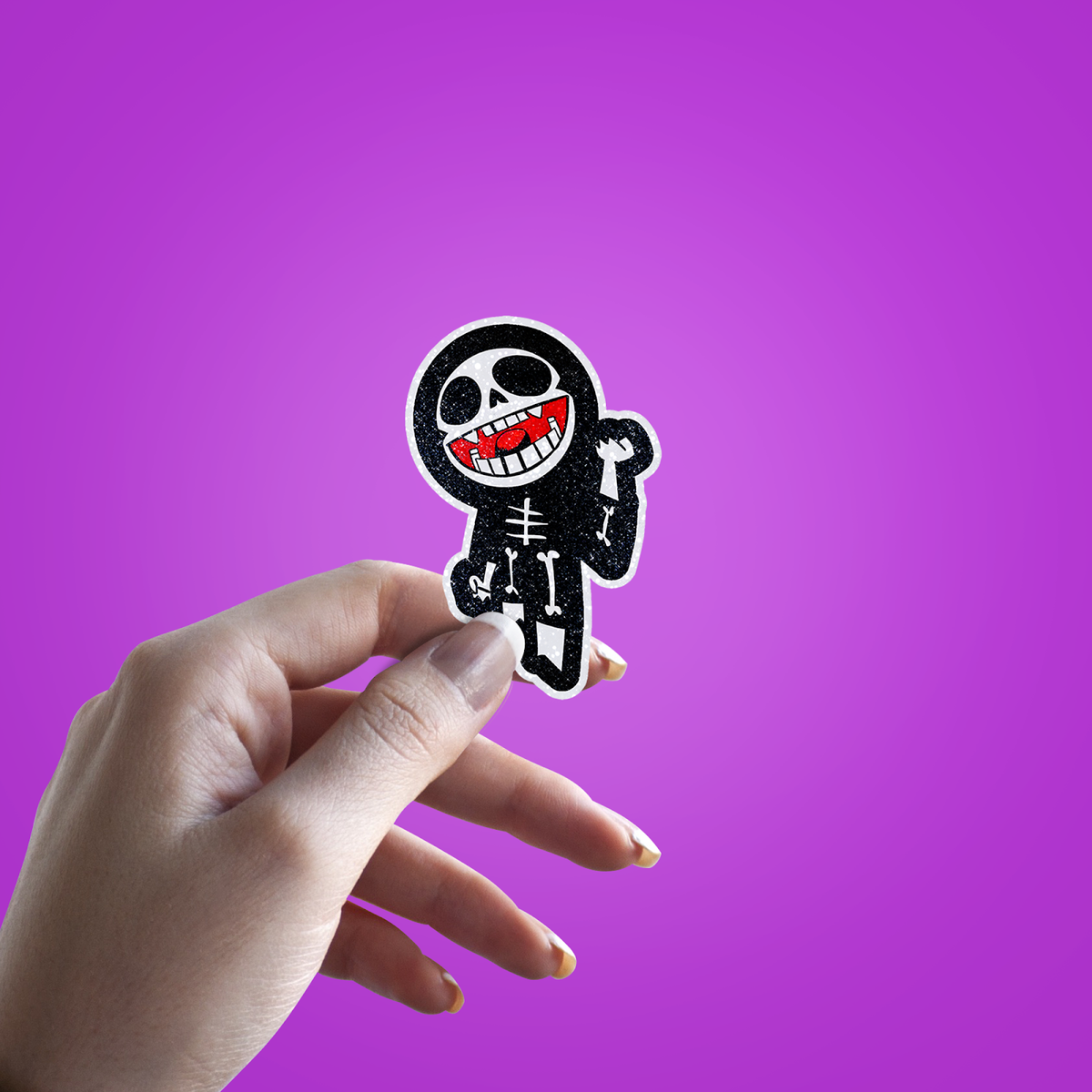 Stitch Skeleton Glitter Sticker - hand mockup