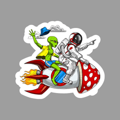 Alien with Astronaut on Spaceship Sticker - sticckiz.com