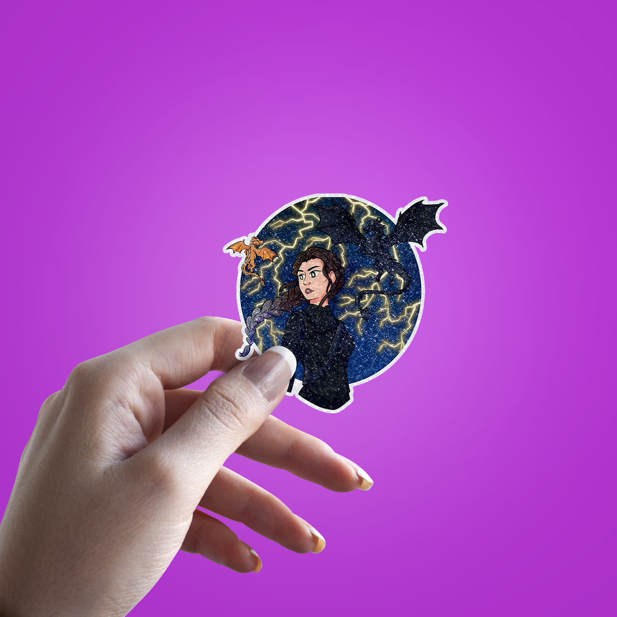 Dragon Queen Glitter Sticker - hand mockup