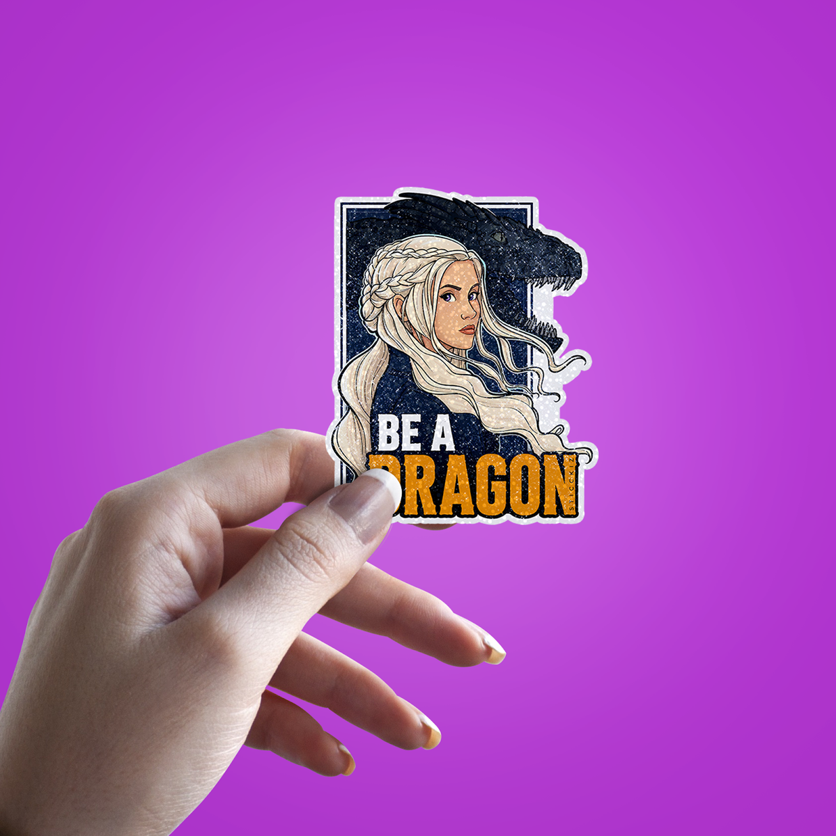 Be A Dragon Queen Glitter Sticker - hand mockup