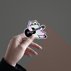 Cat playing Guitar Holographic Sticker - sticckiz.com