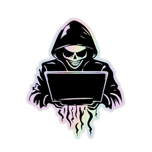 Skeleton with Laptop Holographic Sticker - sticckiz.com