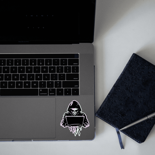 Skeleton with Laptop Holographic Sticker - sticckiz.com