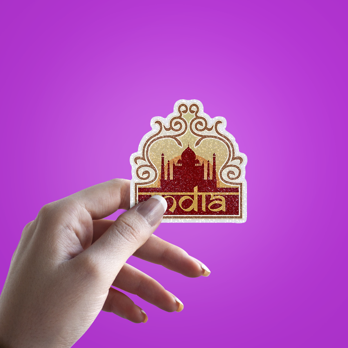 India Tourism Glitter Sticker - hand mockup
