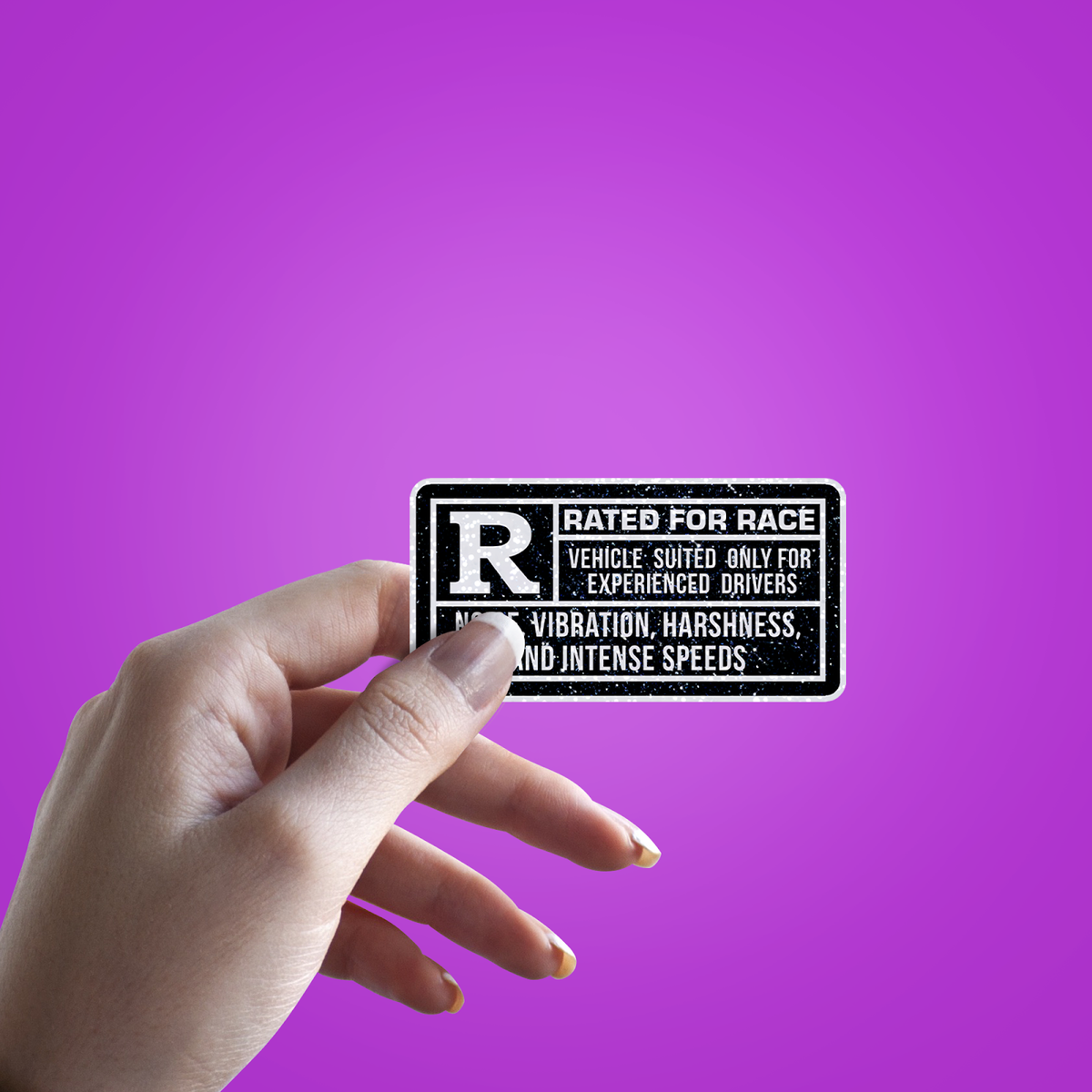 Rated R for Race Glitter Sticker - hand mockup