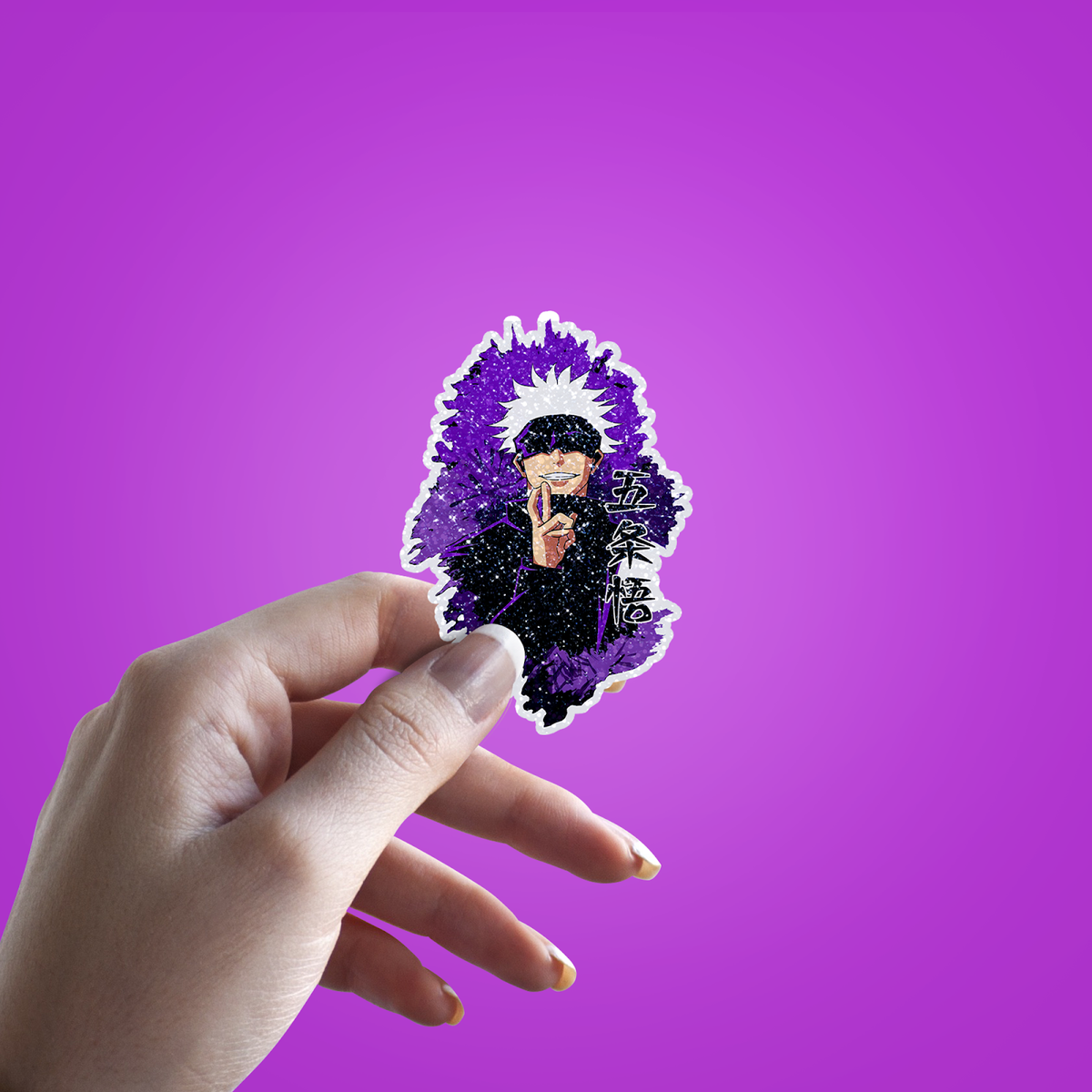 Gojo Anime Glitter Sticker - hand mockup