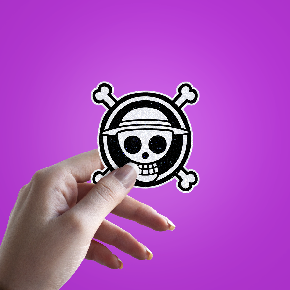 Luffy Pirate Glitter Sticker - hand mockup
