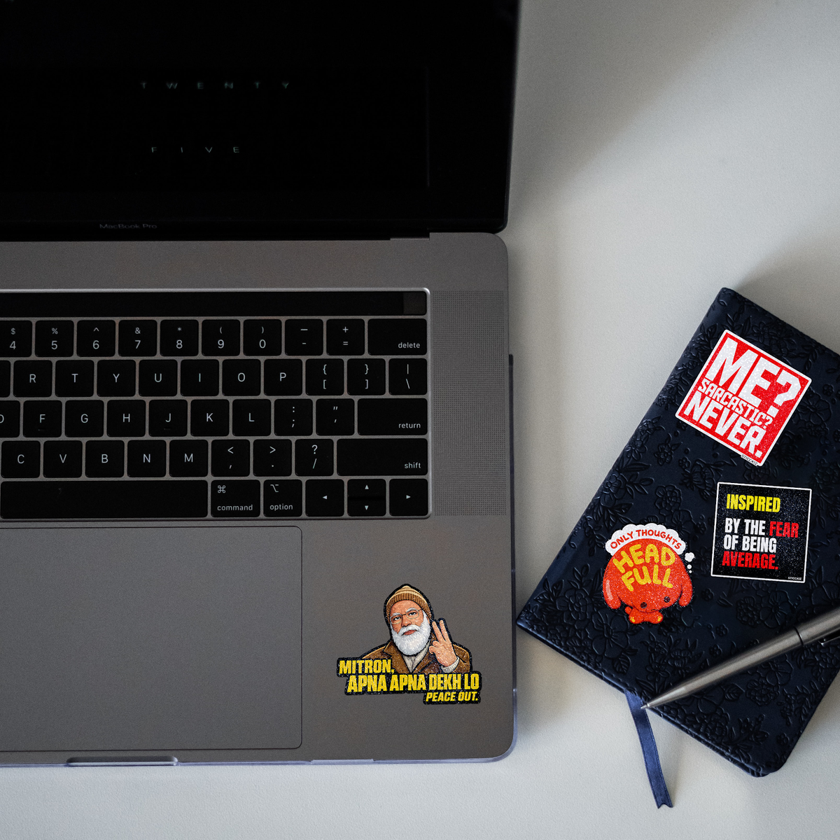 Mitron Apna Apna Dekh lo PM Modi Glitter Sticker - laptop mockup