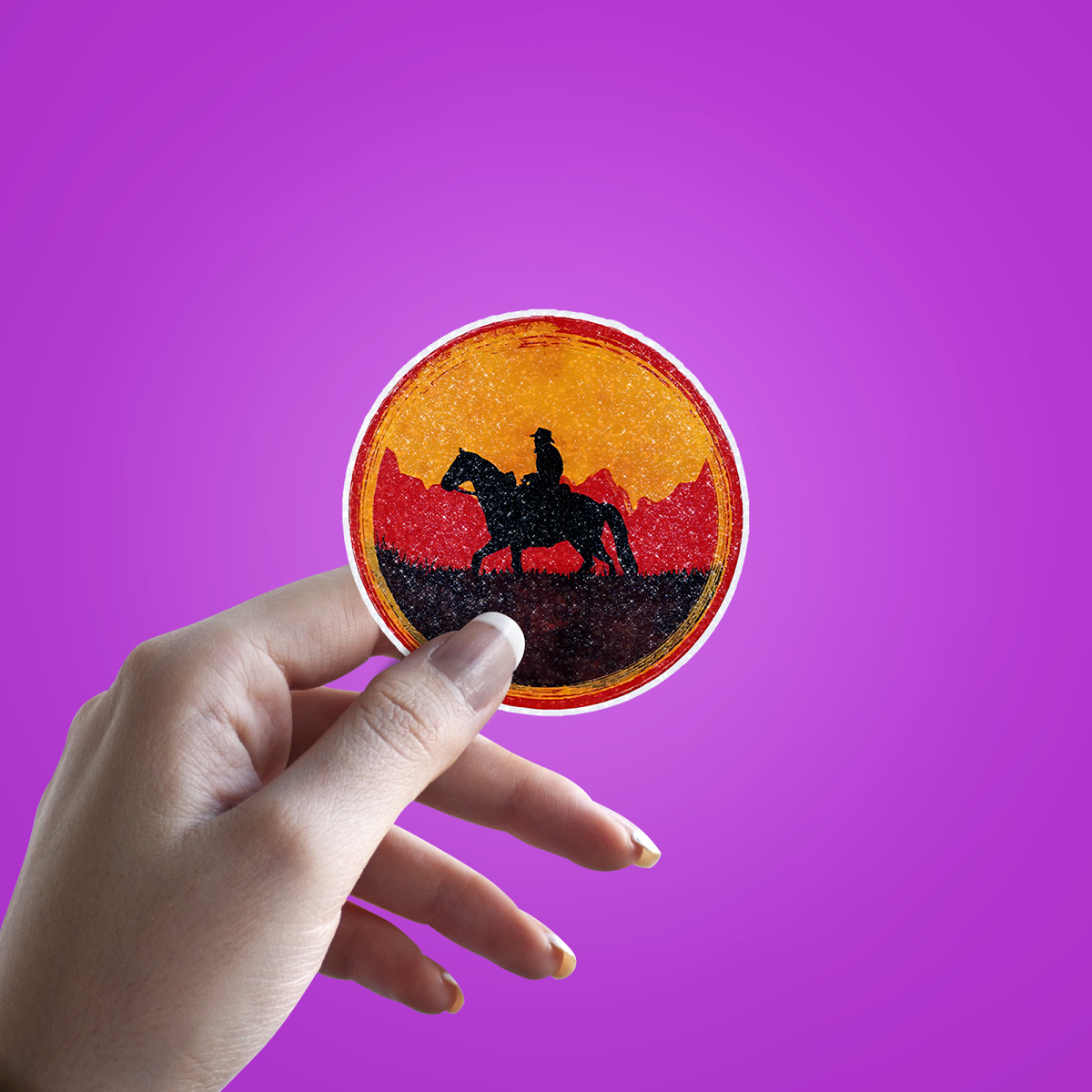 Man Riding Horse Artwork Glitter Sticker - hand mockup