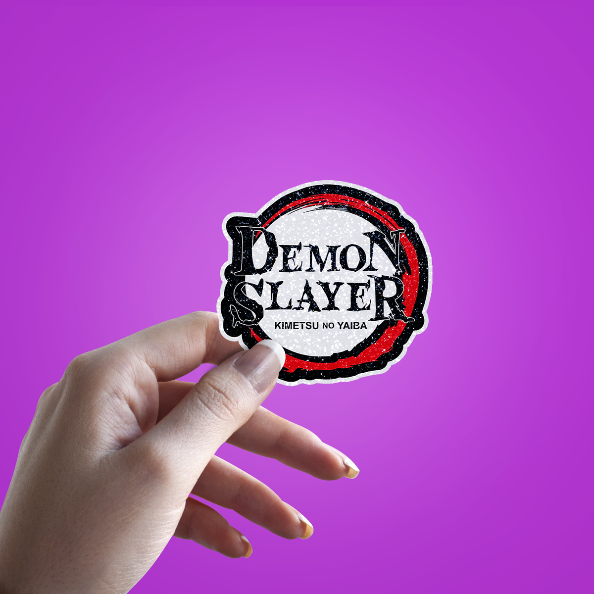 Demon SLayer Logo Glitter Sticker - hand mockup