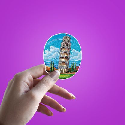 Vibrant Leaning Tower of Pisa Glitter Sticker - hand mockup