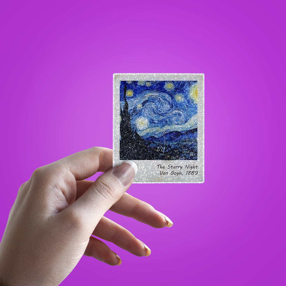 The Starry Night Glitter Sticker - hand mockup