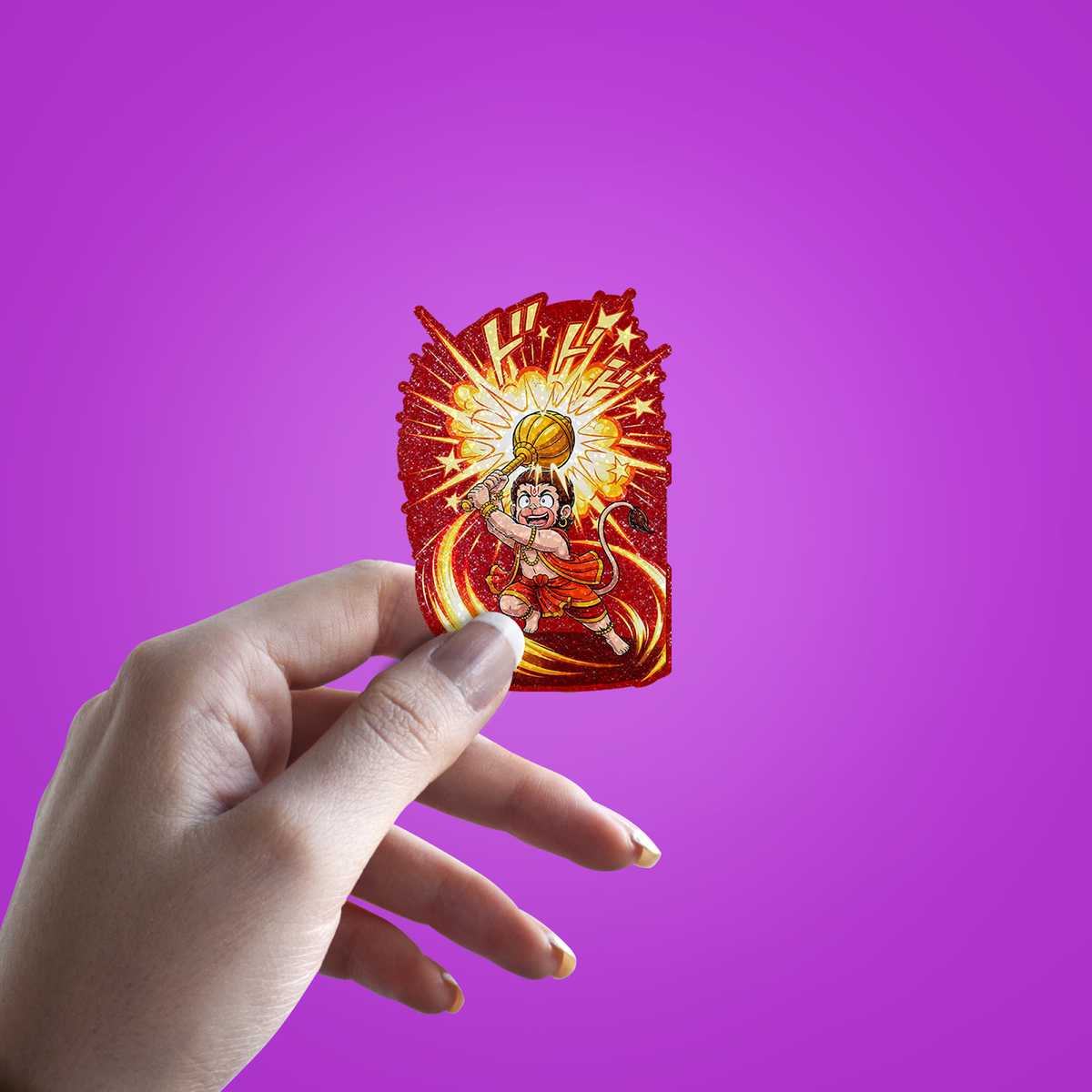Lord Hanuman Baby Avatar Glitter Sticker - hand mockup