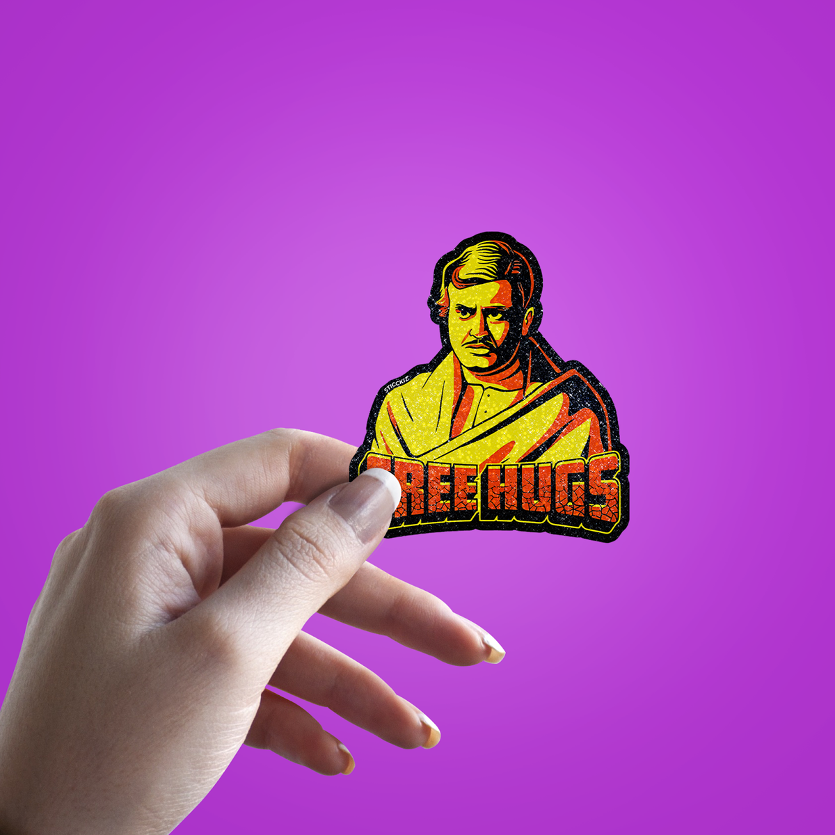 Free Hugs Sholay Movie Character Glitter Sticker - hand mockup
