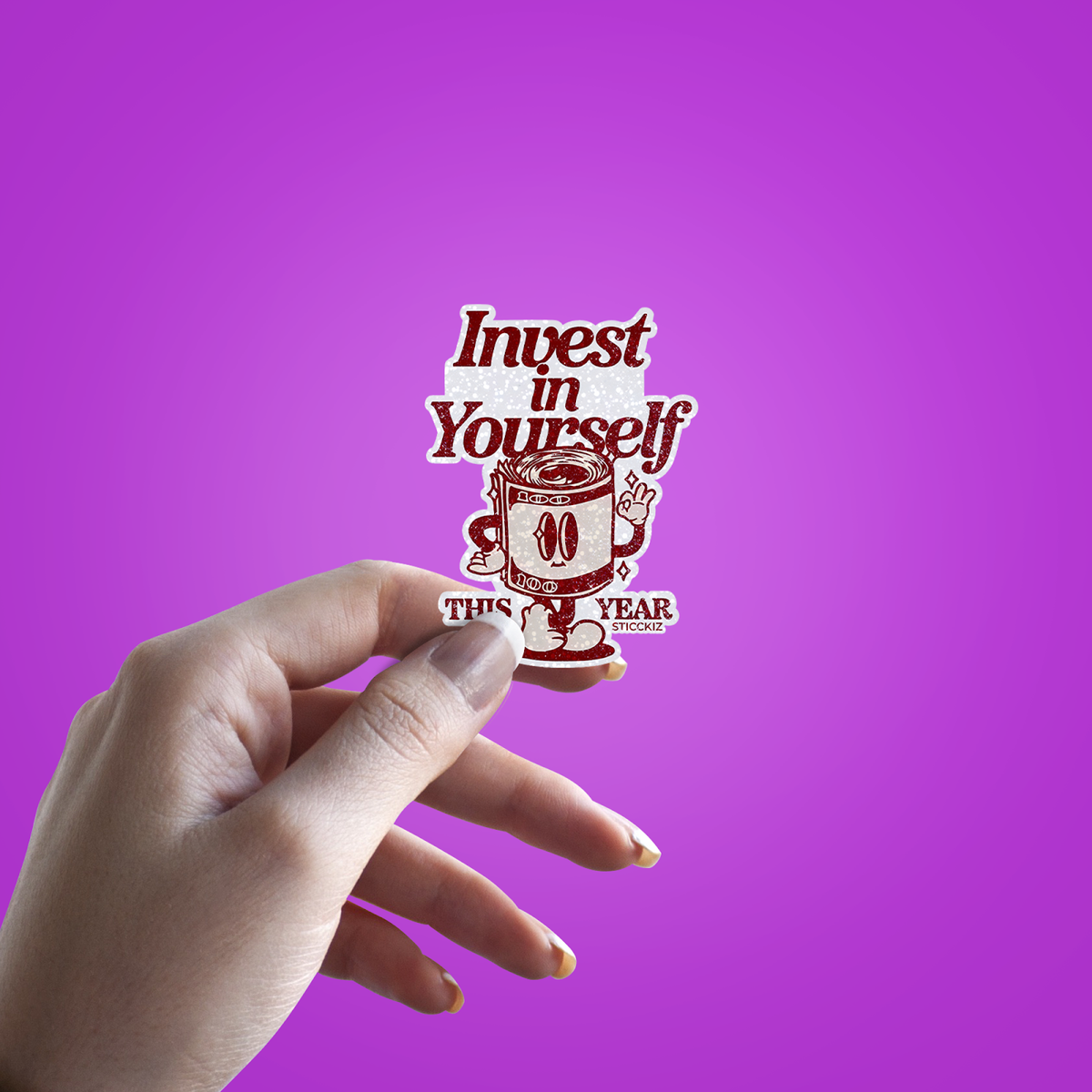 Invest in yourself this year Glitter Sticker - hand mockup