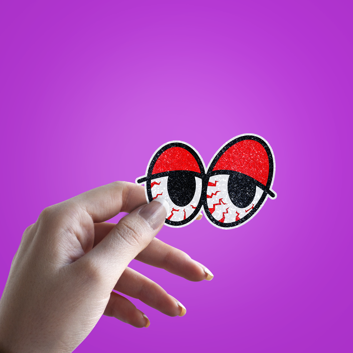Tired Eyes Glitter Sticker - hand mockup