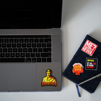 Free Hugs Sholay Movie Character Glitter Sticker - laptop mockup