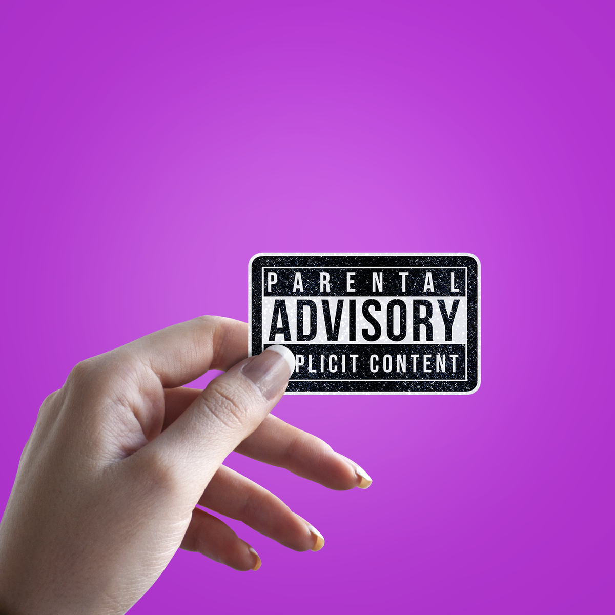 Parental Advisory Explicit Content Glitter Sticker - hand mockup
