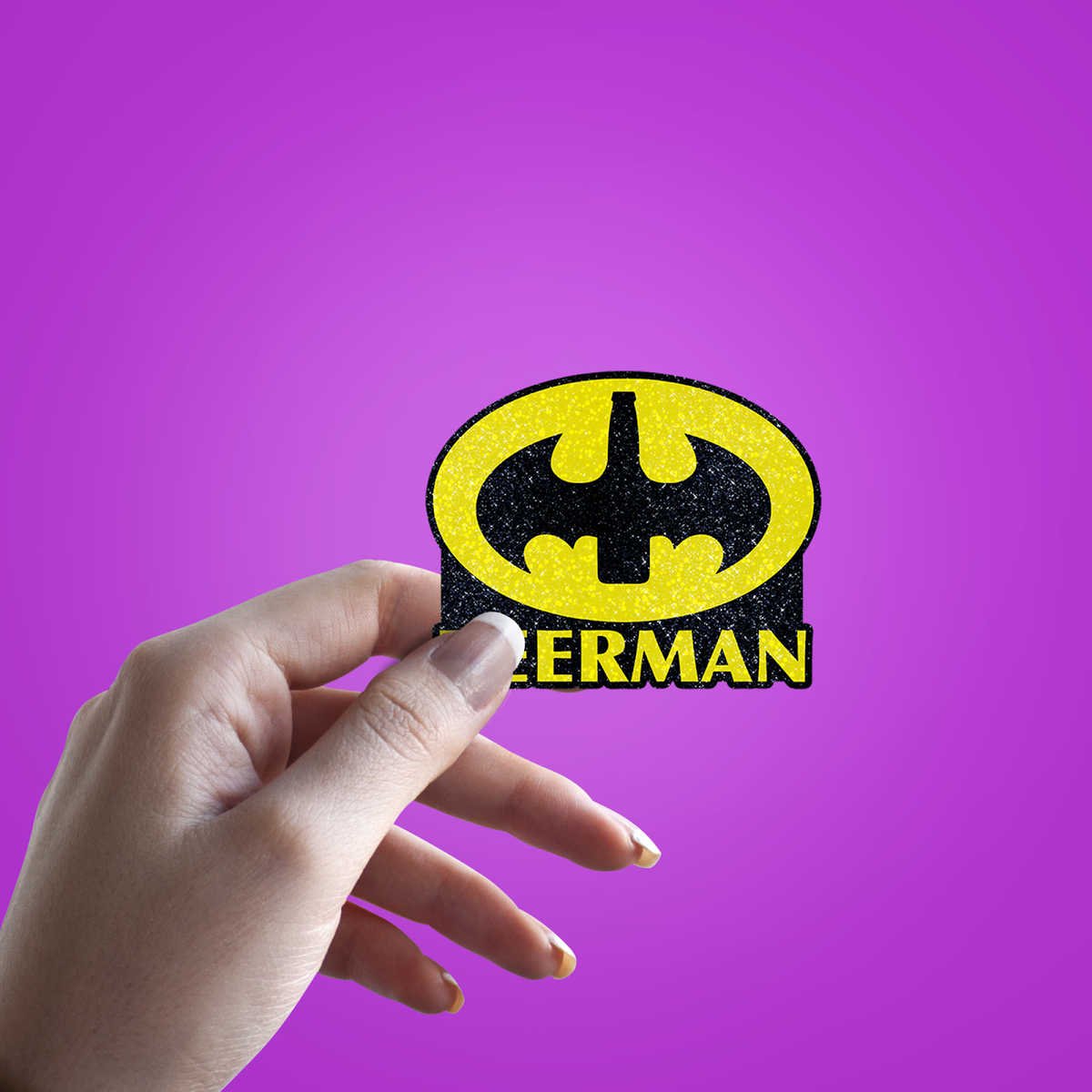 Beerman Glitter Sticker - hand mockup