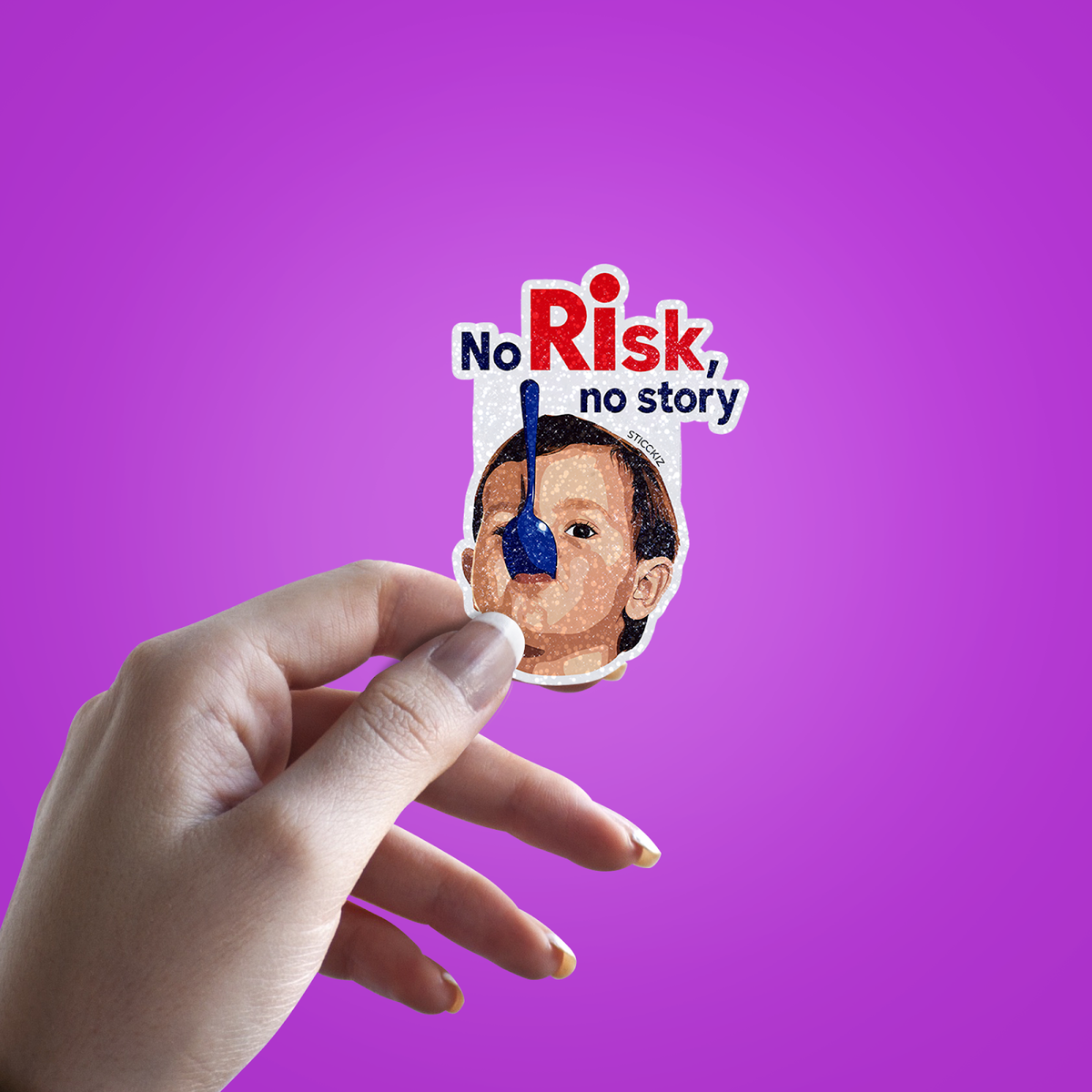 No Risk No Story Glitter Sticker - hand mockup