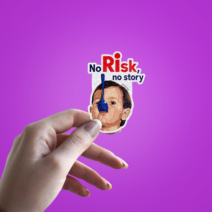 No Risk No Story Glitter Sticker - hand mockup