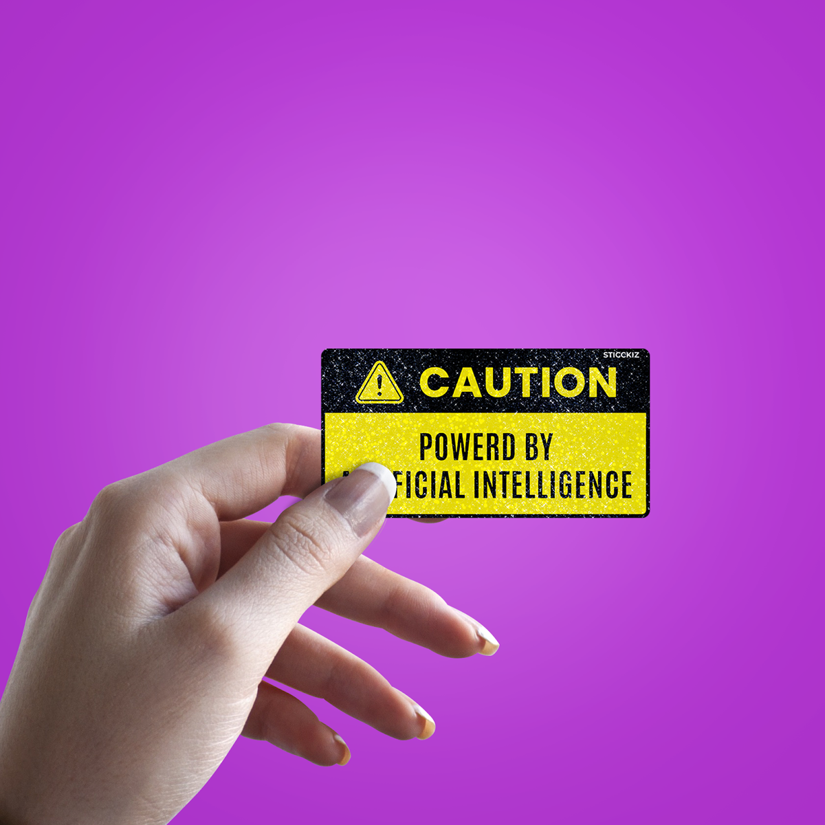 Caution Powered by AI Glitter Sticker - hand mockup