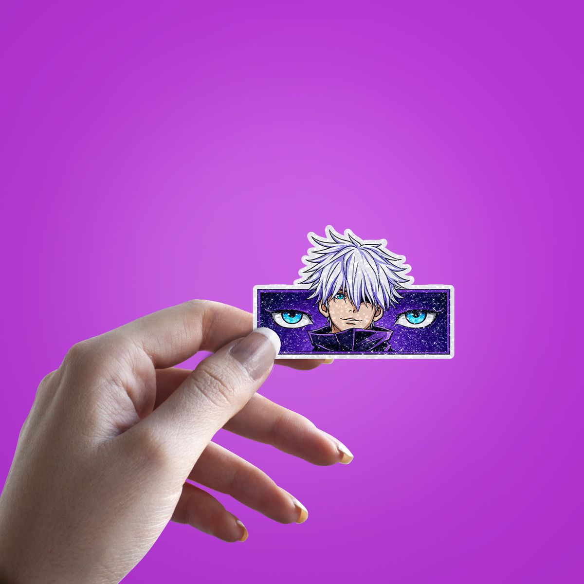 Purple Eyes Glitter Sticker - hand mockup