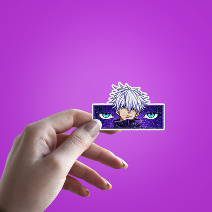 Purple Eyes Glitter Sticker - hand mockup