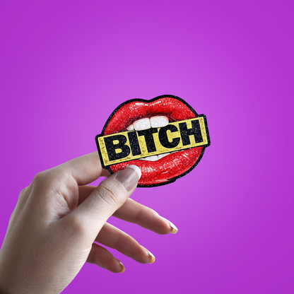 Bi##h Glitter Sticker - hand mockup