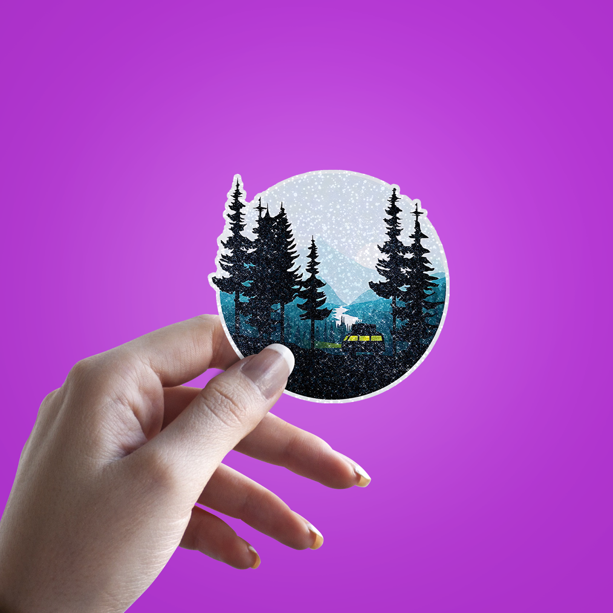 Cold Weather in Forest Glitter Sticker - hand mockup