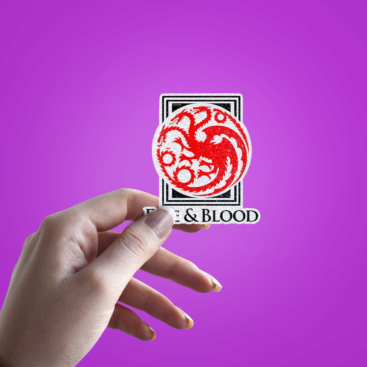 Fire and Blood Glitter Sticker - hand mockup