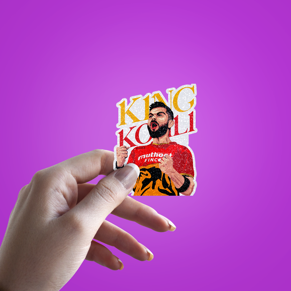 King Kohli Glitter Sticker - hand mockup