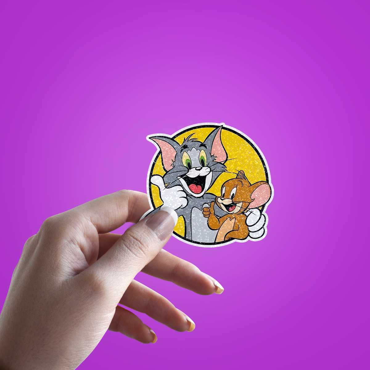 Tom And Jerry Glitter Sticker - hand mockup