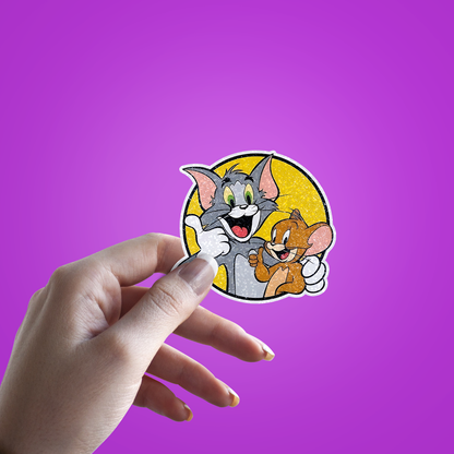 Tom And Jerry Glitter Sticker - hand mockup