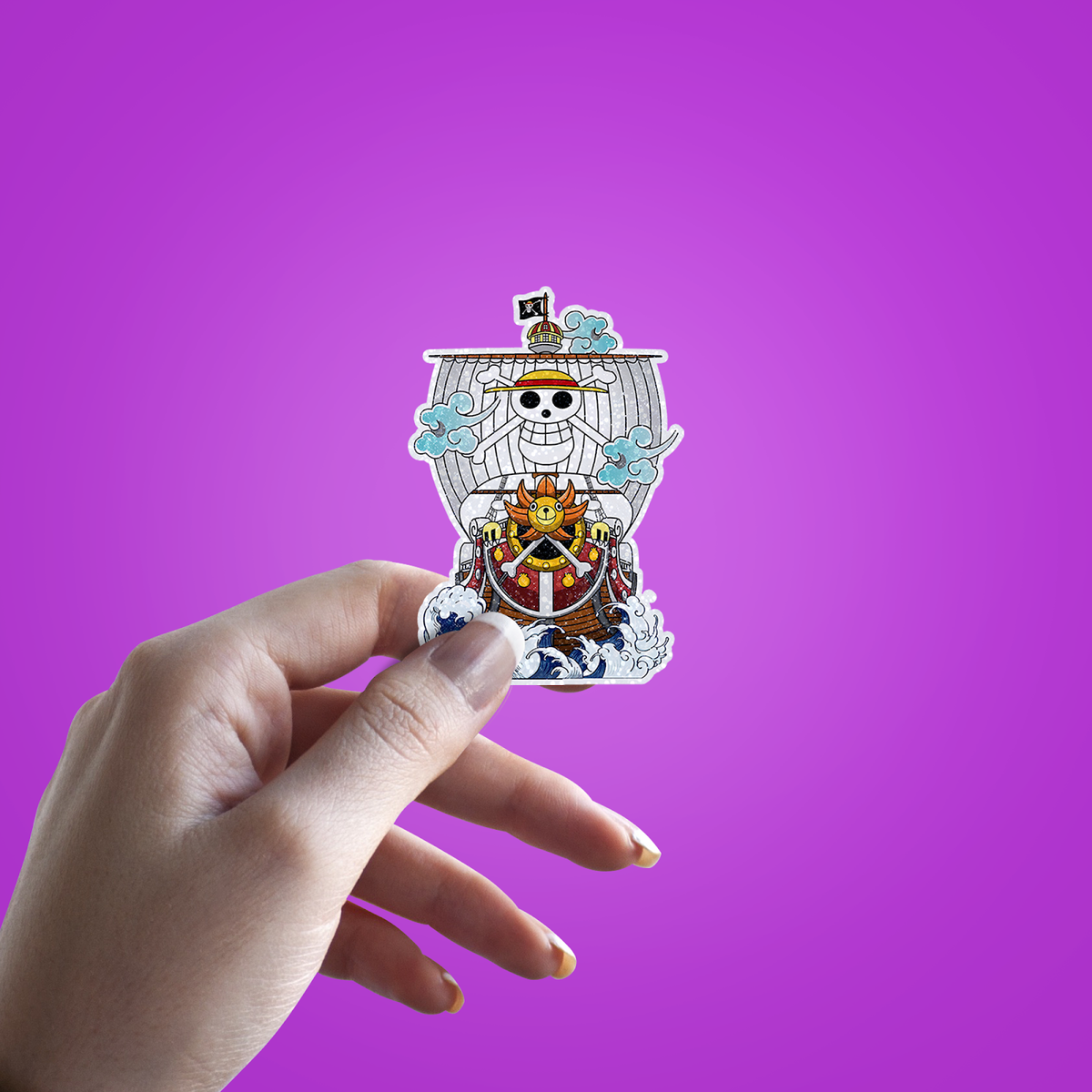 One Piece Anime Iconic Ship Glitter Sticker - hand mockup