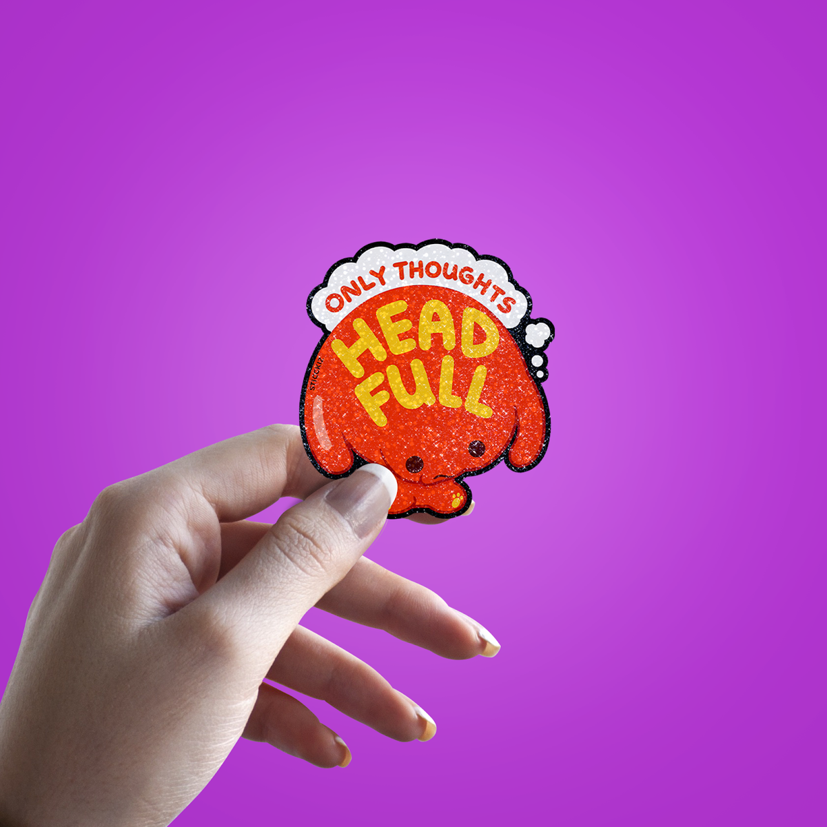 Only thoughts Head Full Glitter Sticker - hand mockup