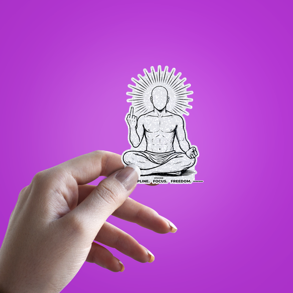 Discipline. Focus. Freedom Glitter Sticker - hand mockup