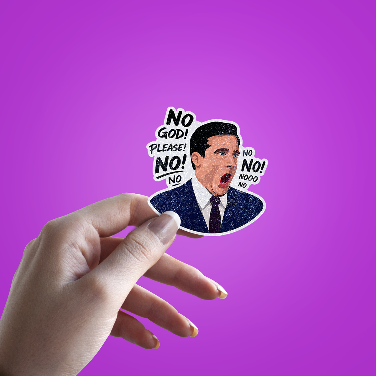 No God! Please No Glitter Sticker - hand mockup